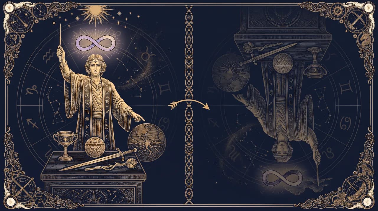 Lá Pháp Sư (The Magician) — so sánh nghĩa xuôi (trái) và nghĩa ngược (phải)