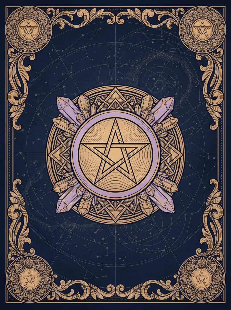 Biểu tượng bộ Tiền (Pentacles) — nét vàng khắc trên nền xanh đêm