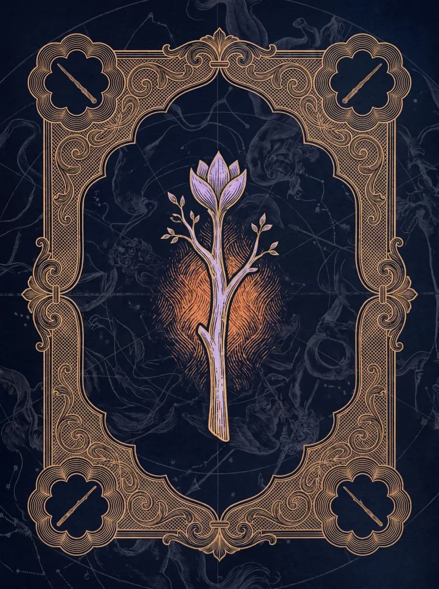 Biểu tượng bộ Gậy (Wands) — nét vàng khắc trên nền xanh đêm