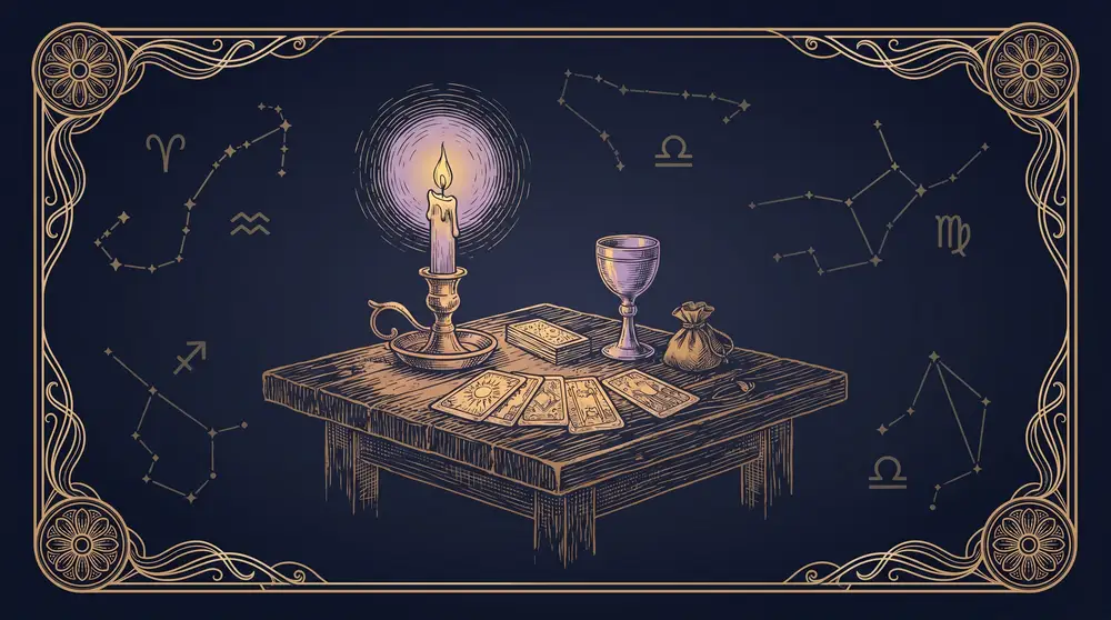 Góc soi tarot yên tĩnh với nến và bộ bài, gợi sự chuẩn bị tâm thế