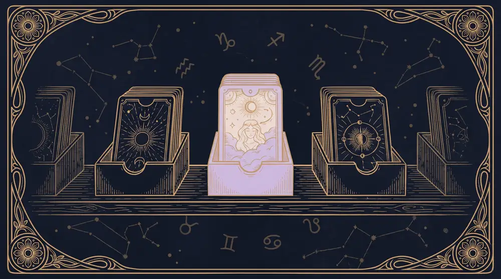 Vài bộ bài tarot bày trên kệ cửa hàng, gợi nơi mua an tâm