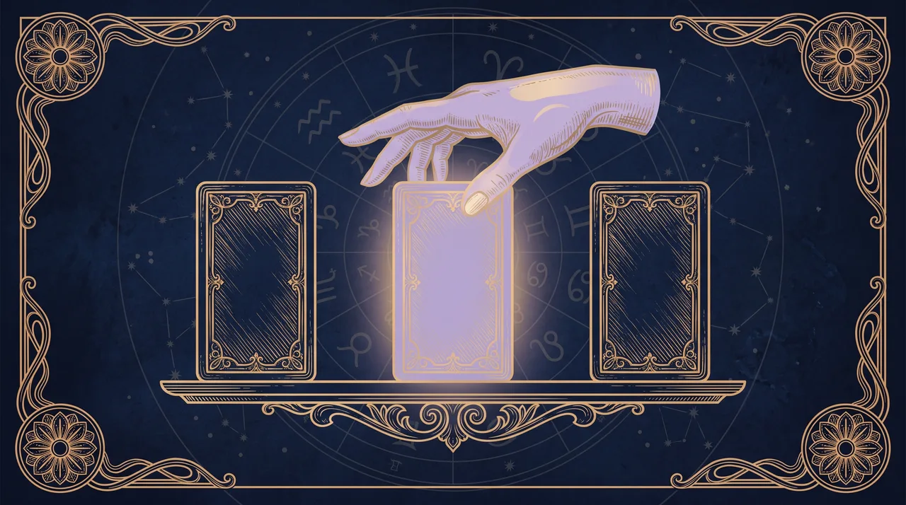 Một bàn tay chọn giữa vài bộ bài tarot đặt trên kệ