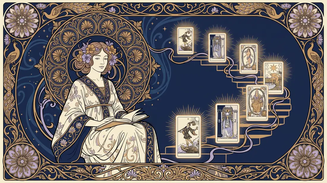 Một người mới ngồi bên lối đi bảy bước gồm các lá bài tarot