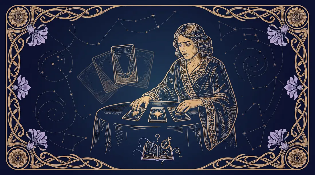 Người đọc tarot ngập ngừng bên những lá bài, gợi các sai lầm