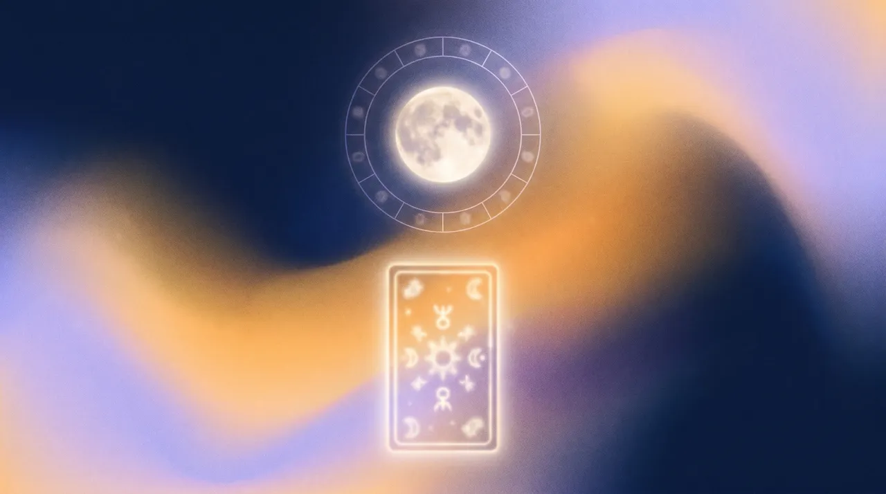 Một lá tarot dưới vầng trăng và vòng lịch tháng