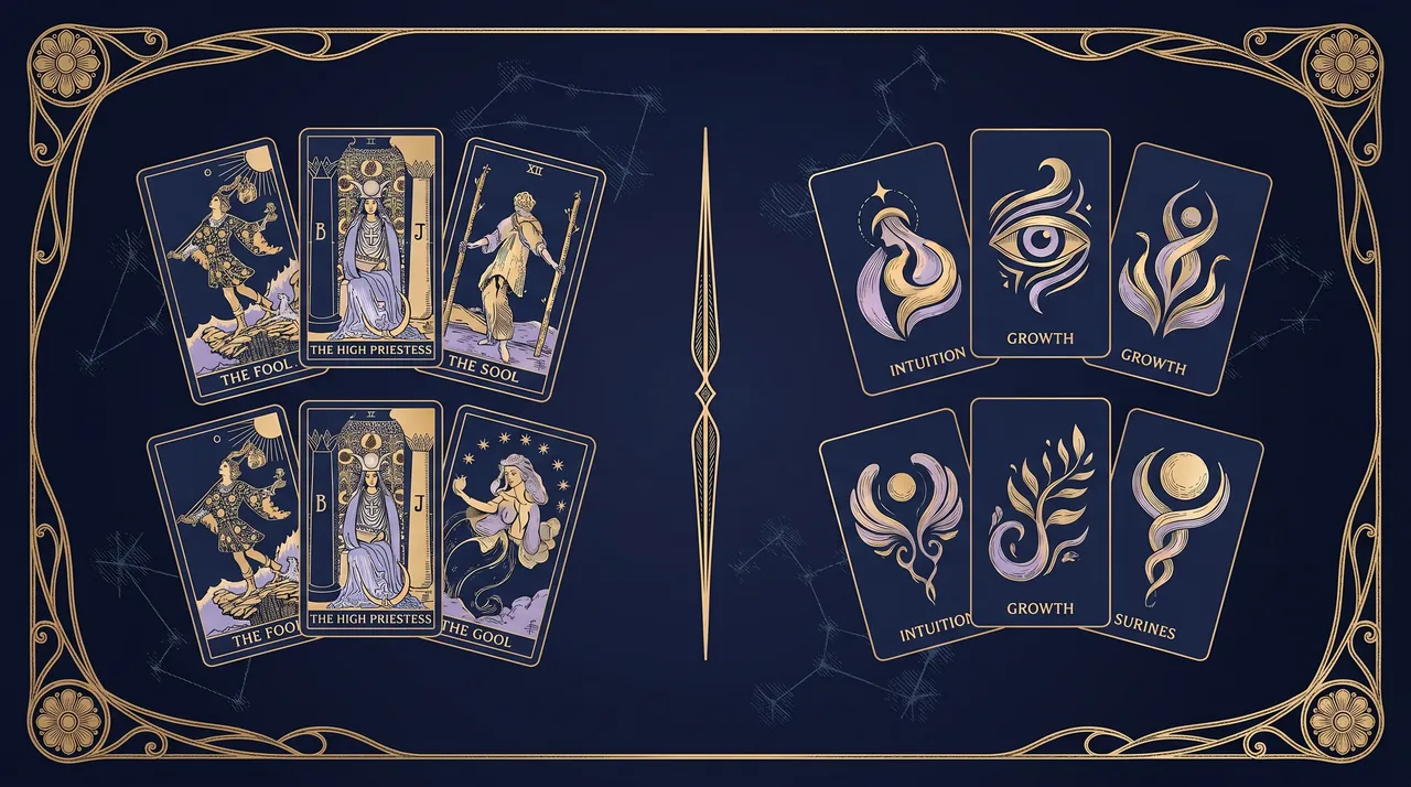 Bộ bài tarot và bộ bài oracle đặt cạnh nhau để so sánh