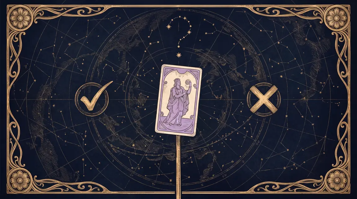 Một lá tarot với trục Có hoặc Không và chòm sao dấu hỏi
