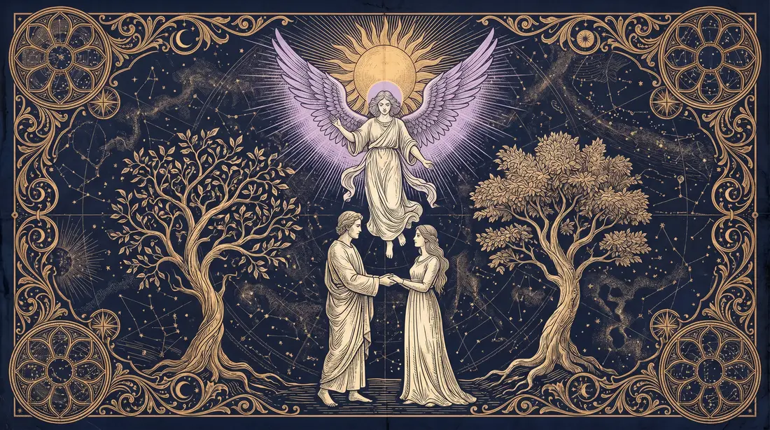 Lá The Lovers thể hiện bằng nét khắc vàng trên nền navy